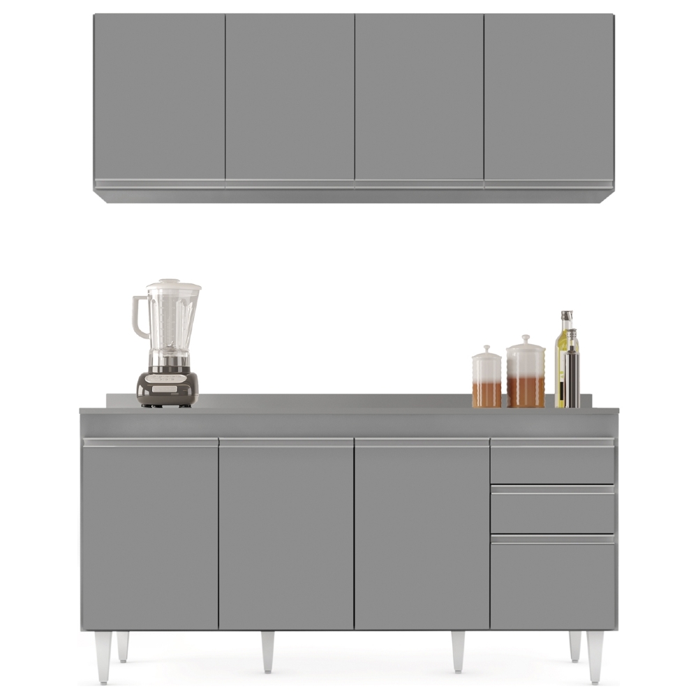 Armário Cozinha e Balcão Com Tampo 160cm Arkansas Cinza     - Lumil