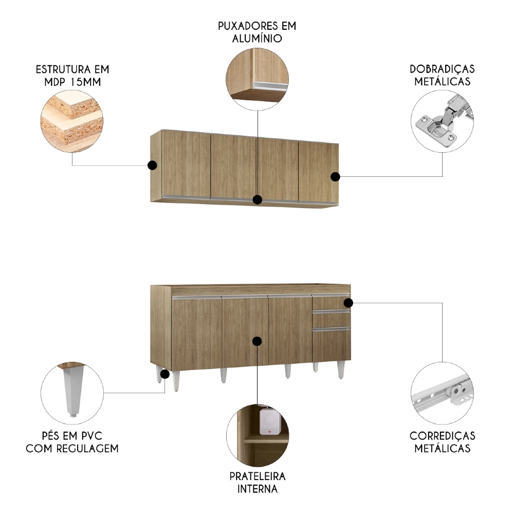 Armário Cozinha e Balcão Para Pia 160cm Arkansas Castanho   - Lumil