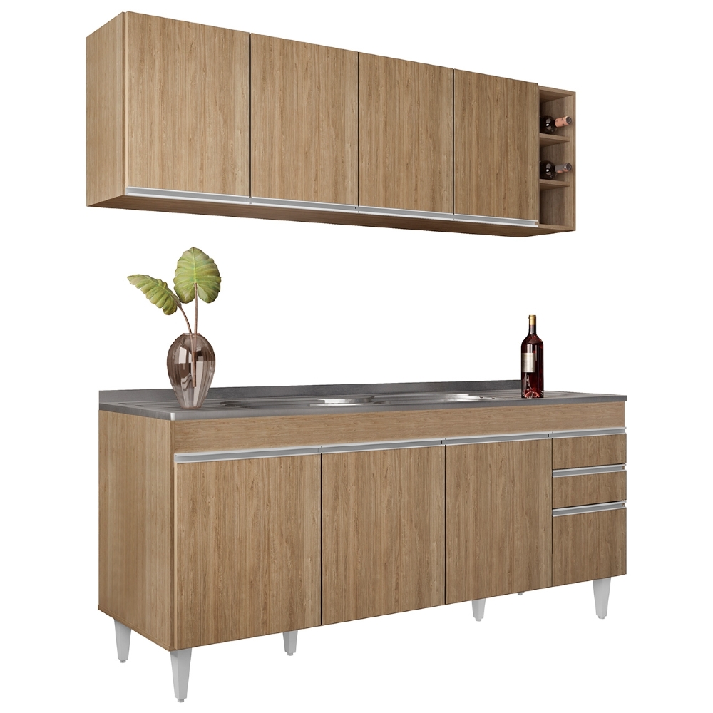 Armário Cozinha e Balcão Com Pia 180cm Dallas Castanho      - Lumil