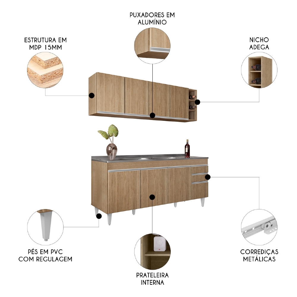 Armário Cozinha e Balcão Com Pia 180cm Dallas Castanho      - Lumil