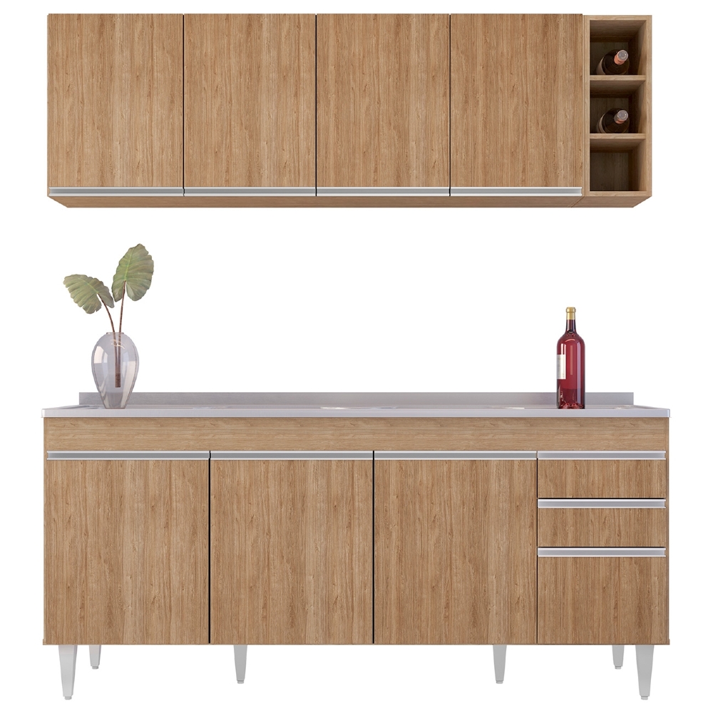 Armário Cozinha e Balcão Com Pia 180cm Dallas Castanho      - Lumil