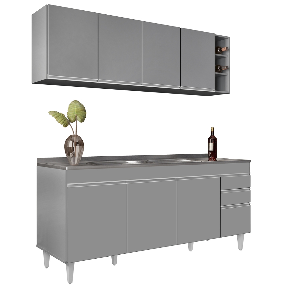 Armário Cozinha e Balcão Com Pia 180cm Dallas Cinza         - Lumil