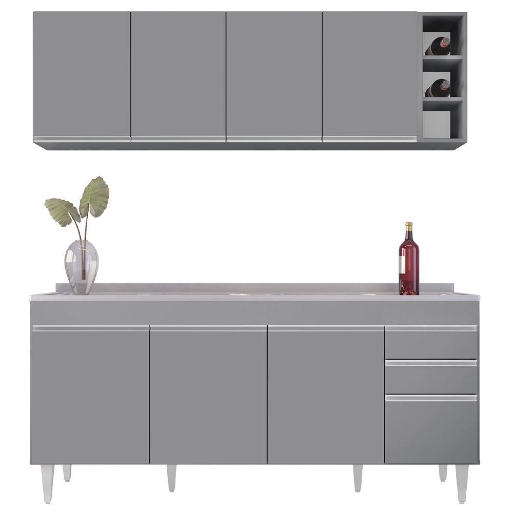 Armário Cozinha e Balcão Com Pia 180cm Dallas Cinza         - Lumil