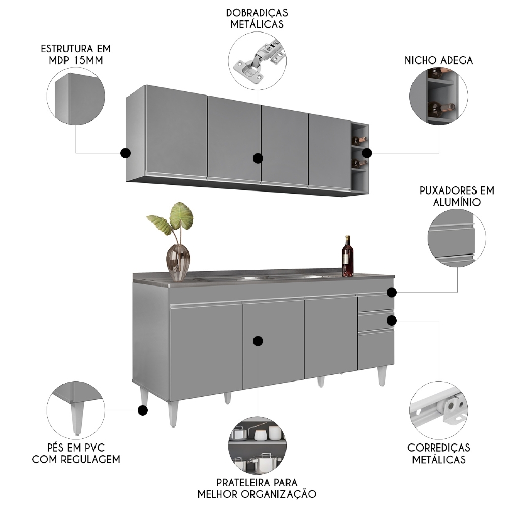 Armário Cozinha e Balcão Com Pia 180cm Dallas Cinza         - Lumil