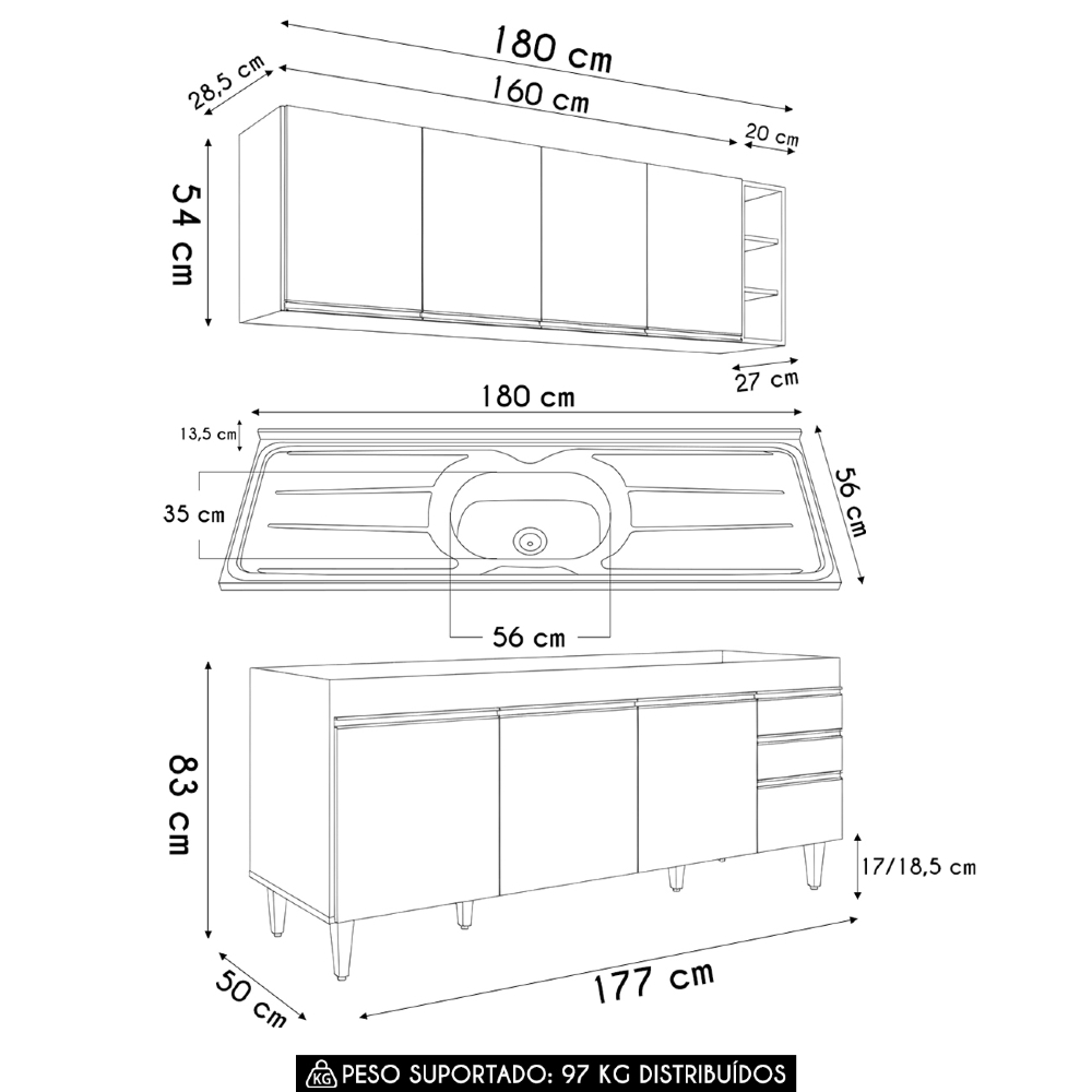 Armário Cozinha e Balcão Com Pia 180cm Dallas Cinza         - Lumil