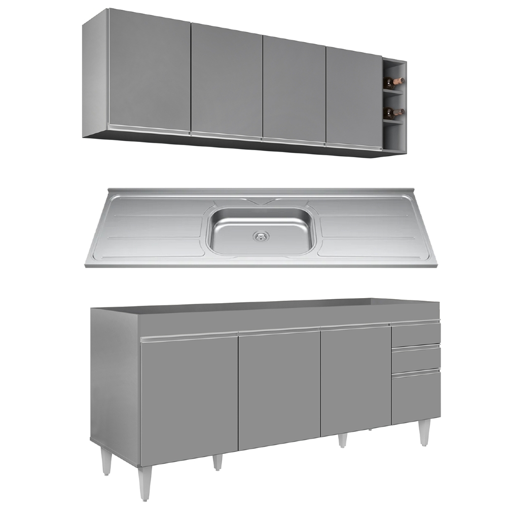 Armário Cozinha e Balcão Com Pia 180cm Dallas Cinza         - Lumil