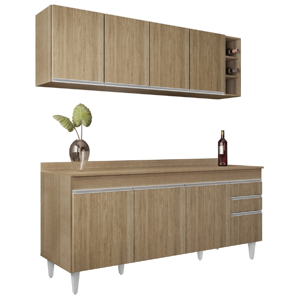 Armário Cozinha e Balcão Com Tampo 180cm Dallas Castanho    - Lumil