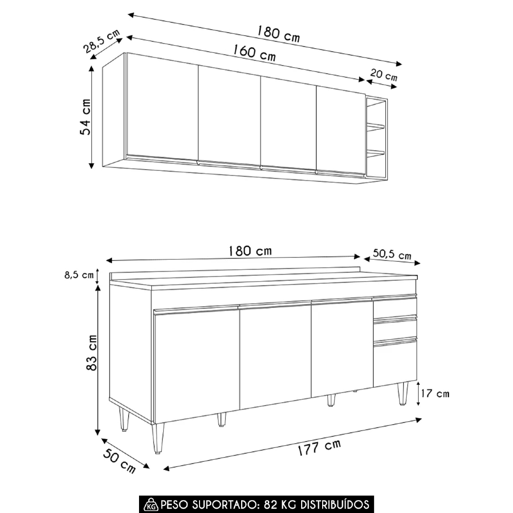 Armário Cozinha e Balcão Com Tampo 180cm Dallas Castanho    - Lumil