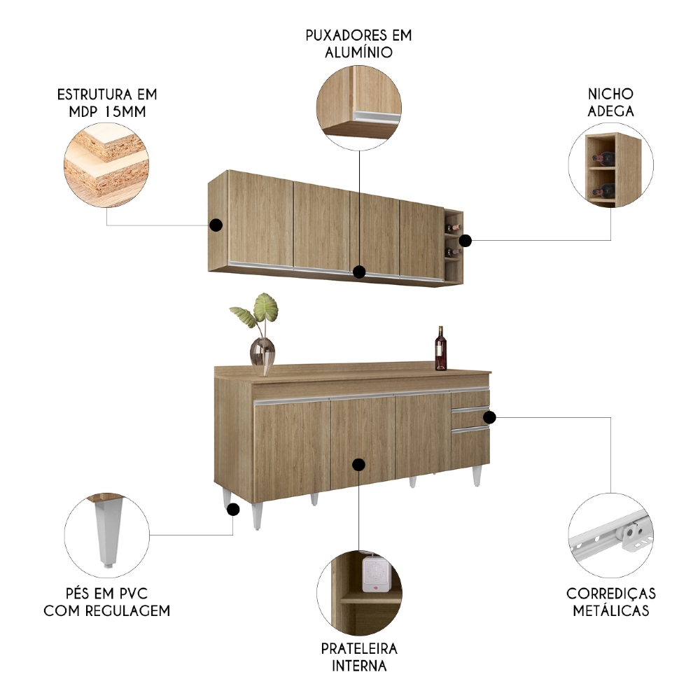 Armário Cozinha e Balcão Com Tampo 180cm Dallas Castanho    - Lumil