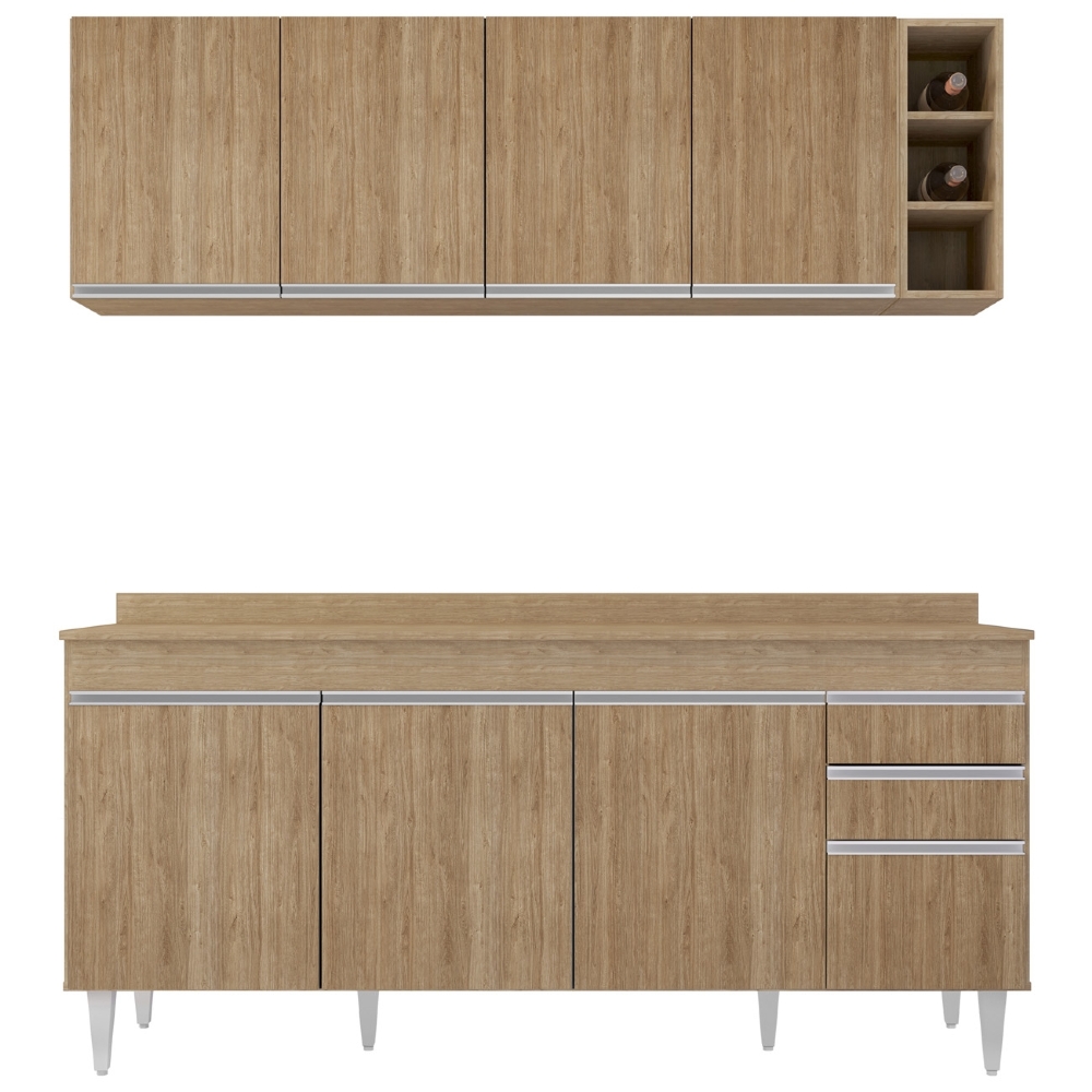 Armário Cozinha e Balcão Com Tampo 180cm Dallas Castanho    - Lumil