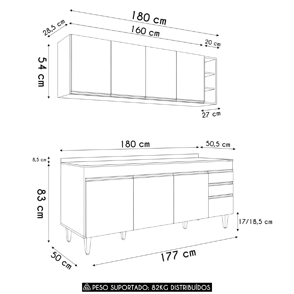 Armário Cozinha e Balcão Com Tampo 180cm Dallas Cinza       - Lumil
