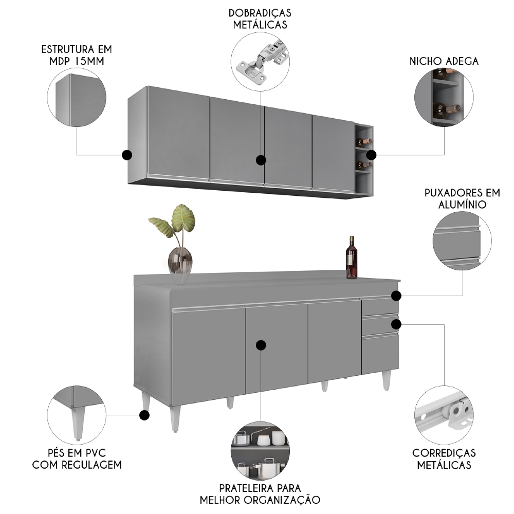 Armário Cozinha e Balcão Com Tampo 180cm Dallas Cinza       - Lumil