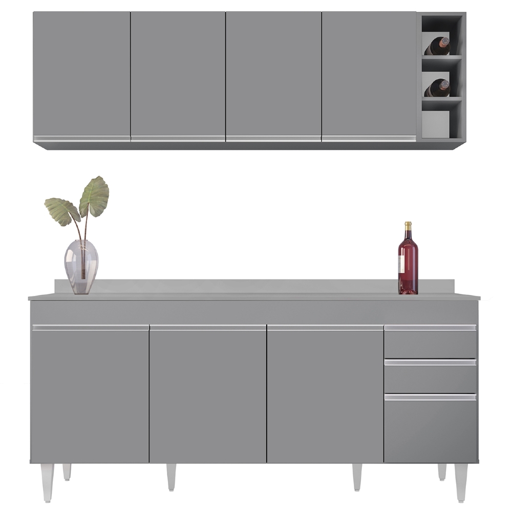 Armário Cozinha e Balcão Com Tampo 180cm Dallas Cinza       - Lumil