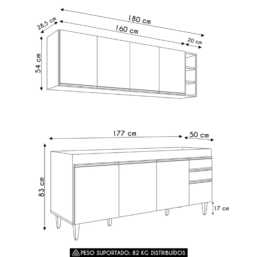Armário Cozinha e Balcão Para Pia 180cm Dallas Castanho     - Lumil