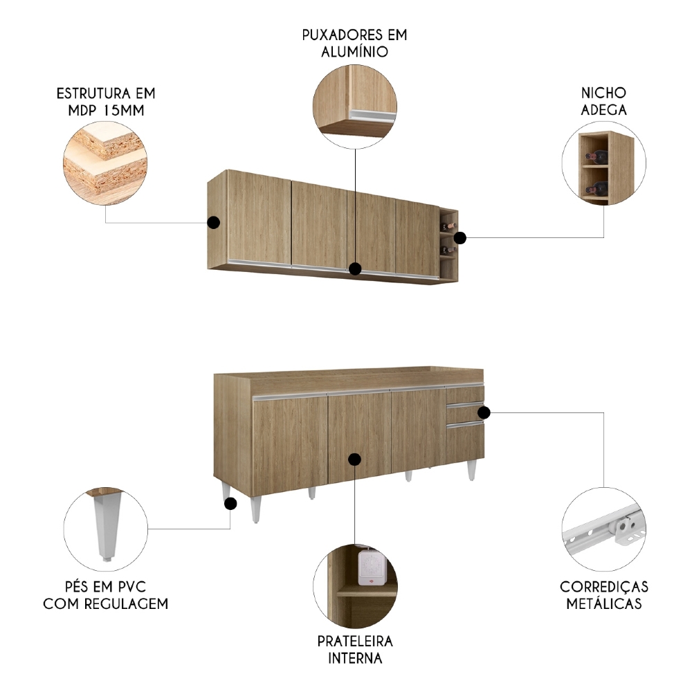 Armário Cozinha e Balcão Para Pia 180cm Dallas Castanho     - Lumil