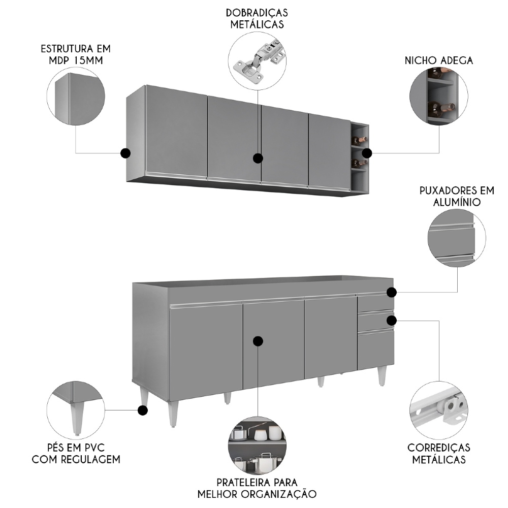 Armário Cozinha e Balcão Para Pia 180cm Dallas Cinza        - Lumil