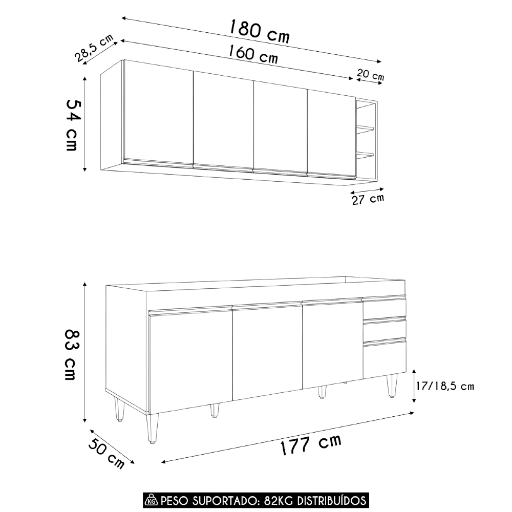 Armário Cozinha e Balcão Para Pia 180cm Dallas Cinza        - Lumil