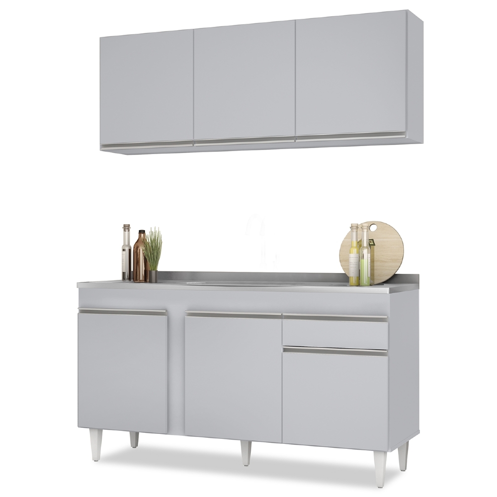 Armário Cozinha e Balcão Com Pia 150cm Dakota Cinza Claro   - Lumil