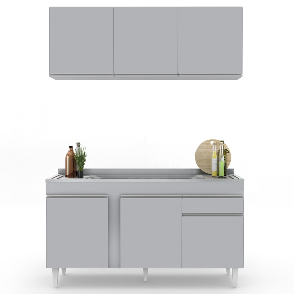 Armário Cozinha e Balcão Com Pia 150cm Dakota Cinza Claro   - Lumil