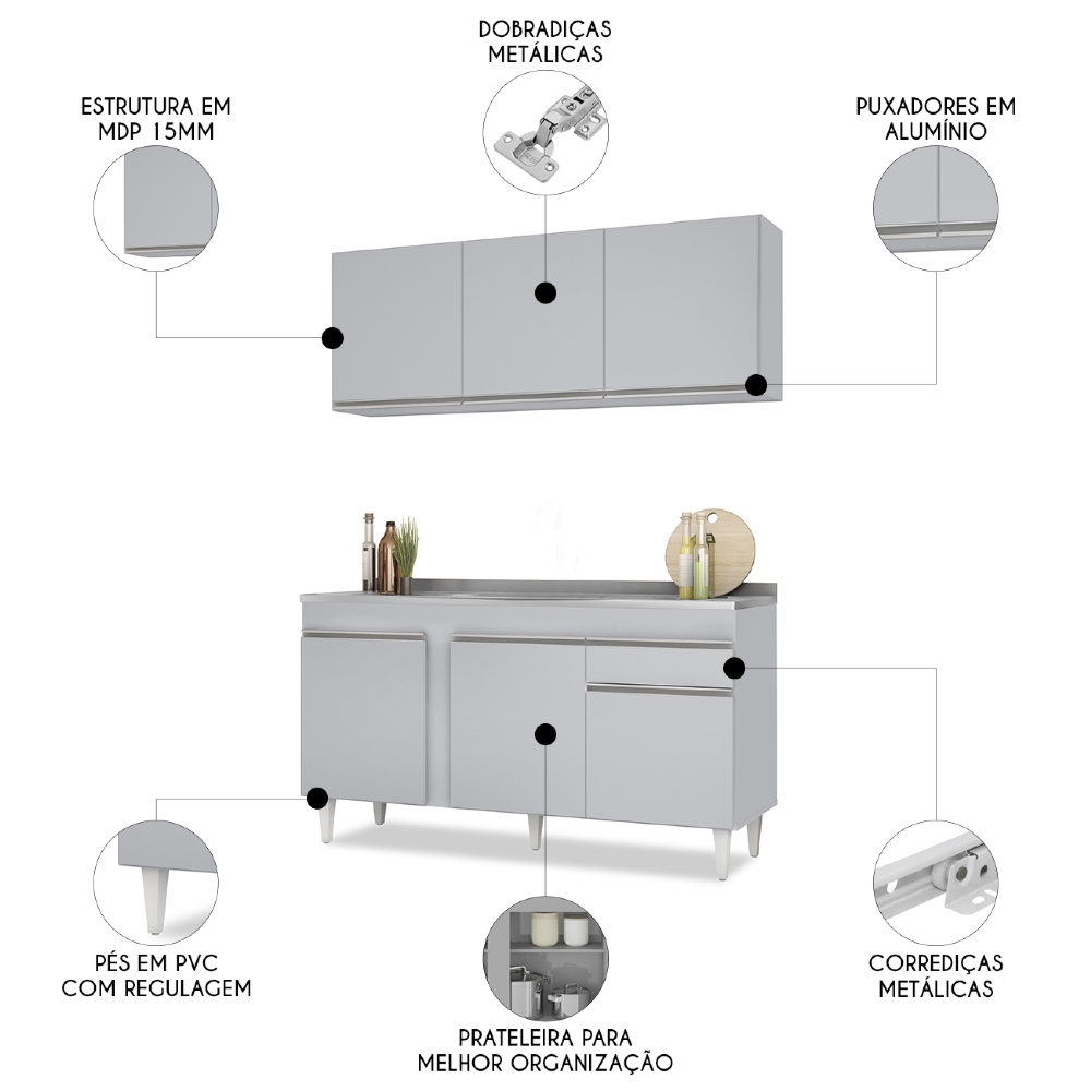 Armário Cozinha e Balcão Com Pia 150cm Dakota Cinza Claro   - Lumil