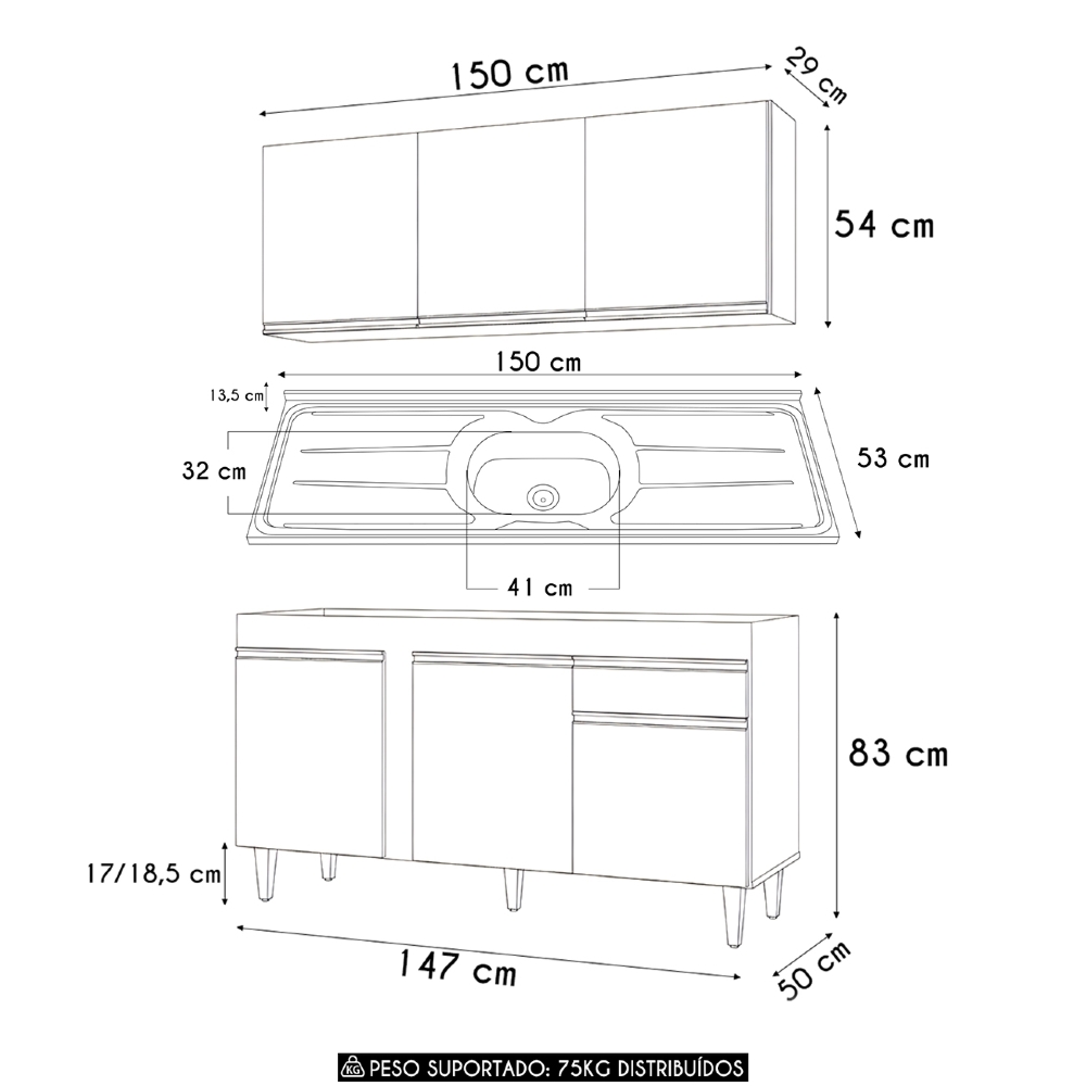 Armário Cozinha e Balcão Com Pia 150cm Dakota Cinza Claro   - Lumil