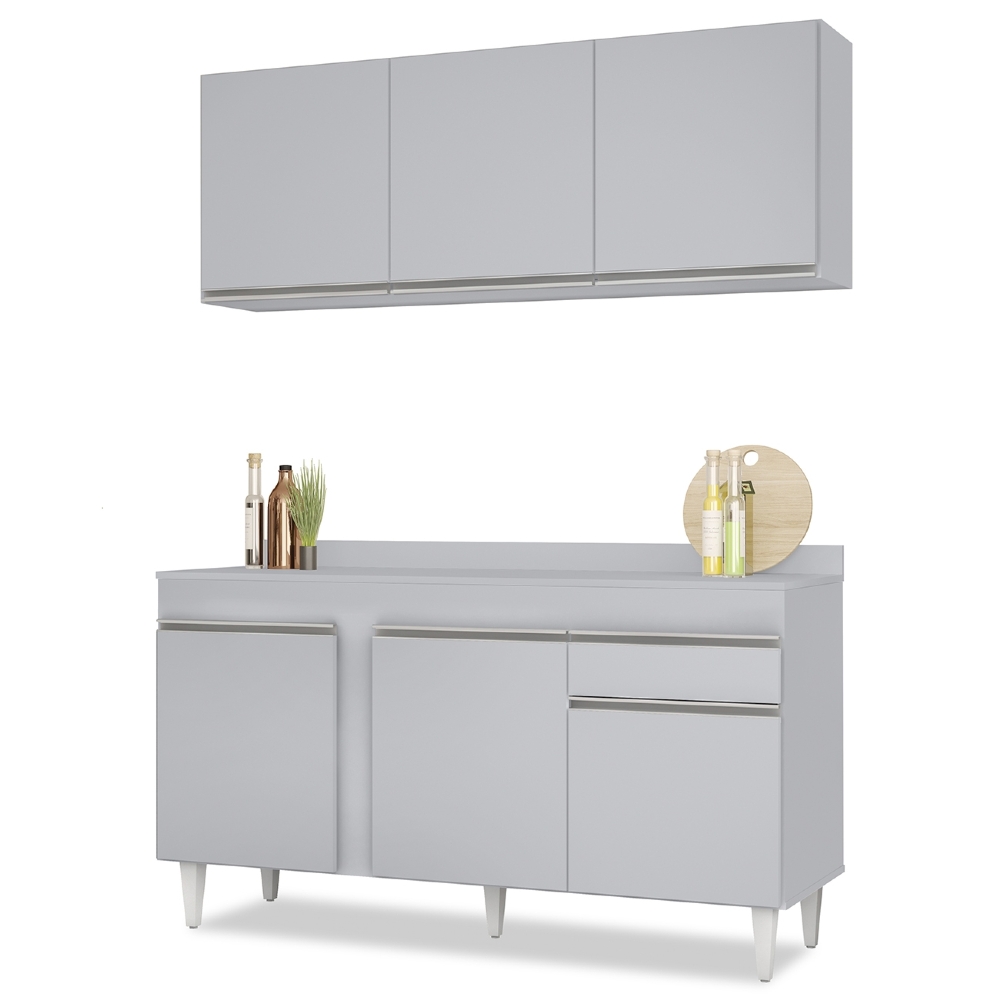 Armário Cozinha e Balcão Com Tampo 150cm Dakota Cinza Claro - Lumil