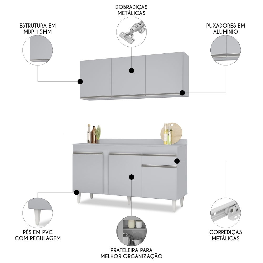 Armário Cozinha e Balcão Com Tampo 150cm Dakota Cinza Claro - Lumil