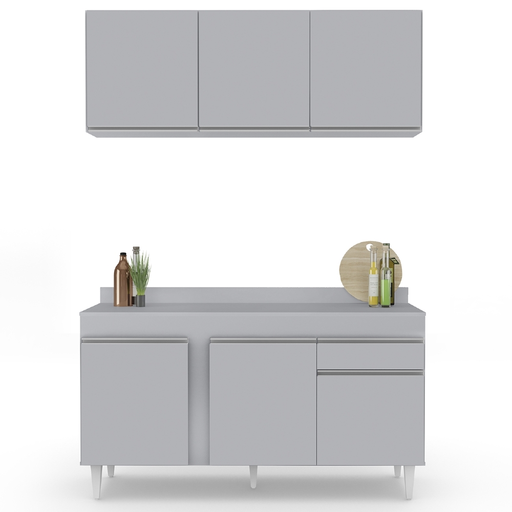 Armário Cozinha e Balcão Com Tampo 150cm Dakota Cinza Claro - Lumil