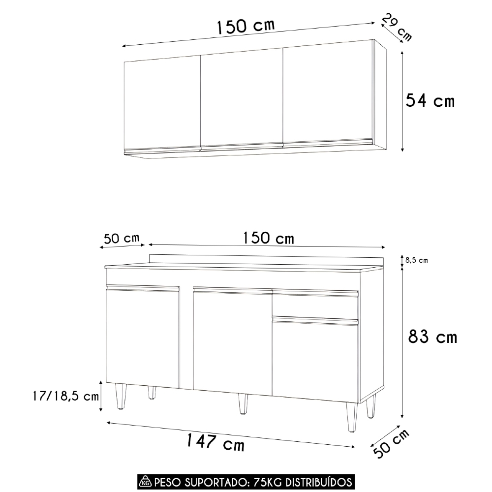 Armário Cozinha e Balcão Com Tampo 150cm Dakota Cinza Claro - Lumil