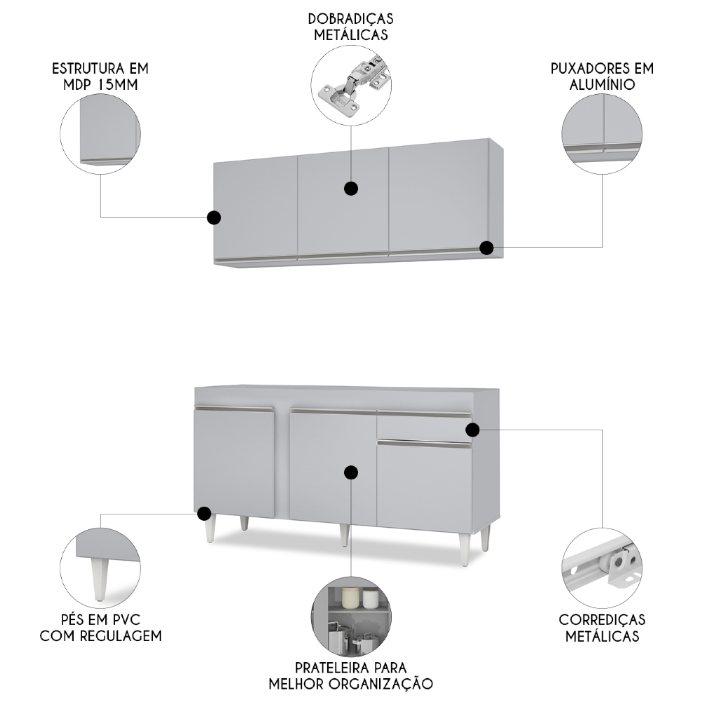 Armário Cozinha e Balcão Para Pia 150cm Dakota Cinza Claro  - Lumil