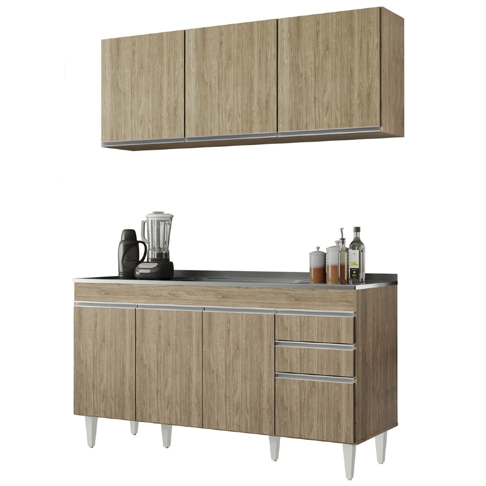 Armário Cozinha e Balcão Com Pia 150cm Marrocos Castanho    - Lumil