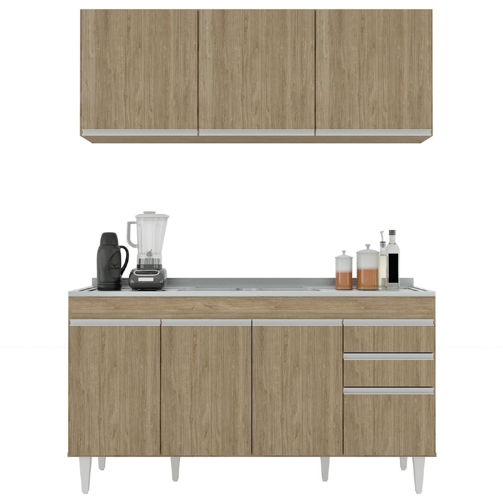 Armário Cozinha e Balcão Com Pia 150cm Marrocos Castanho    - Lumil