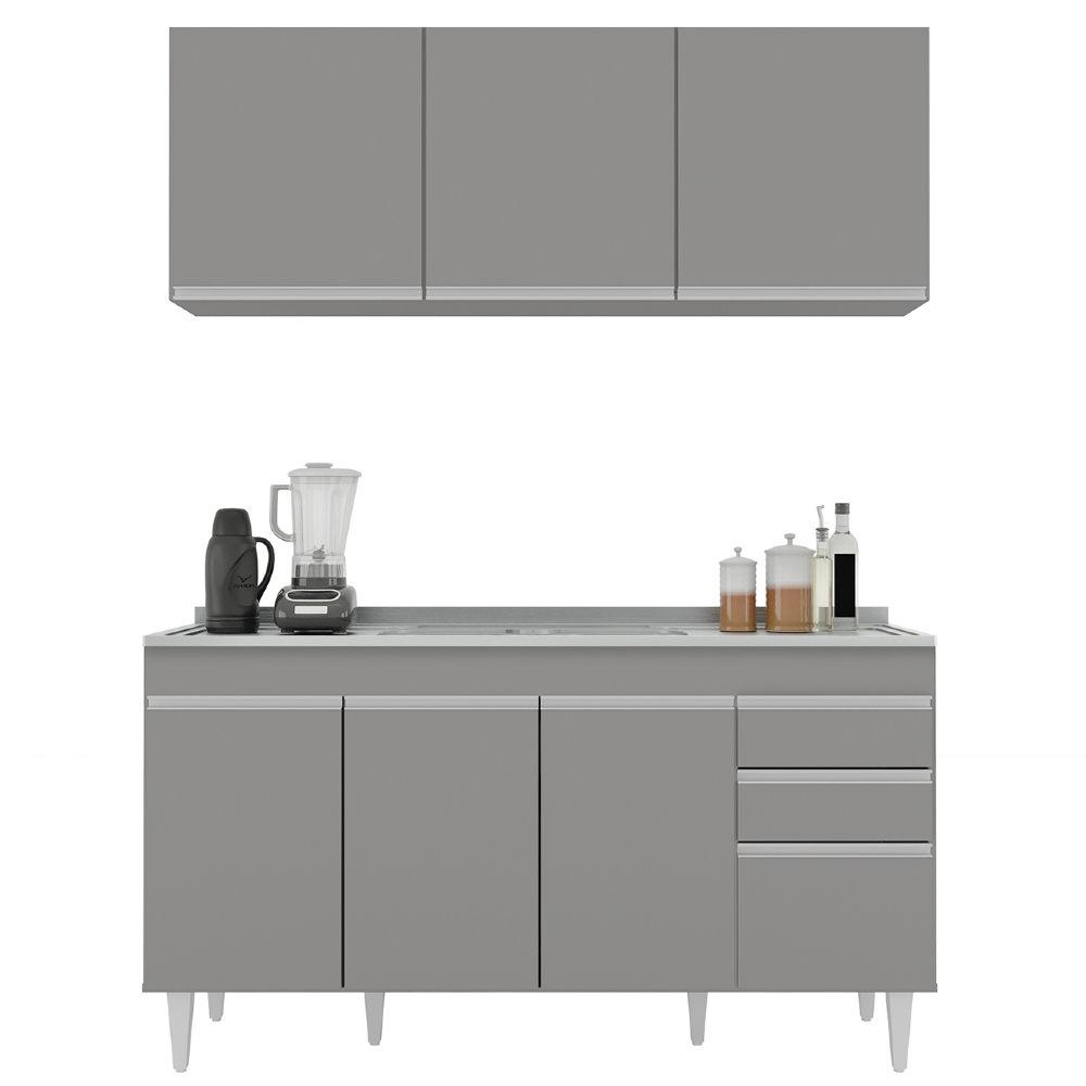 Armário Cozinha e Balcão Com Pia 150cm Marrocos Cinza      - Lumil