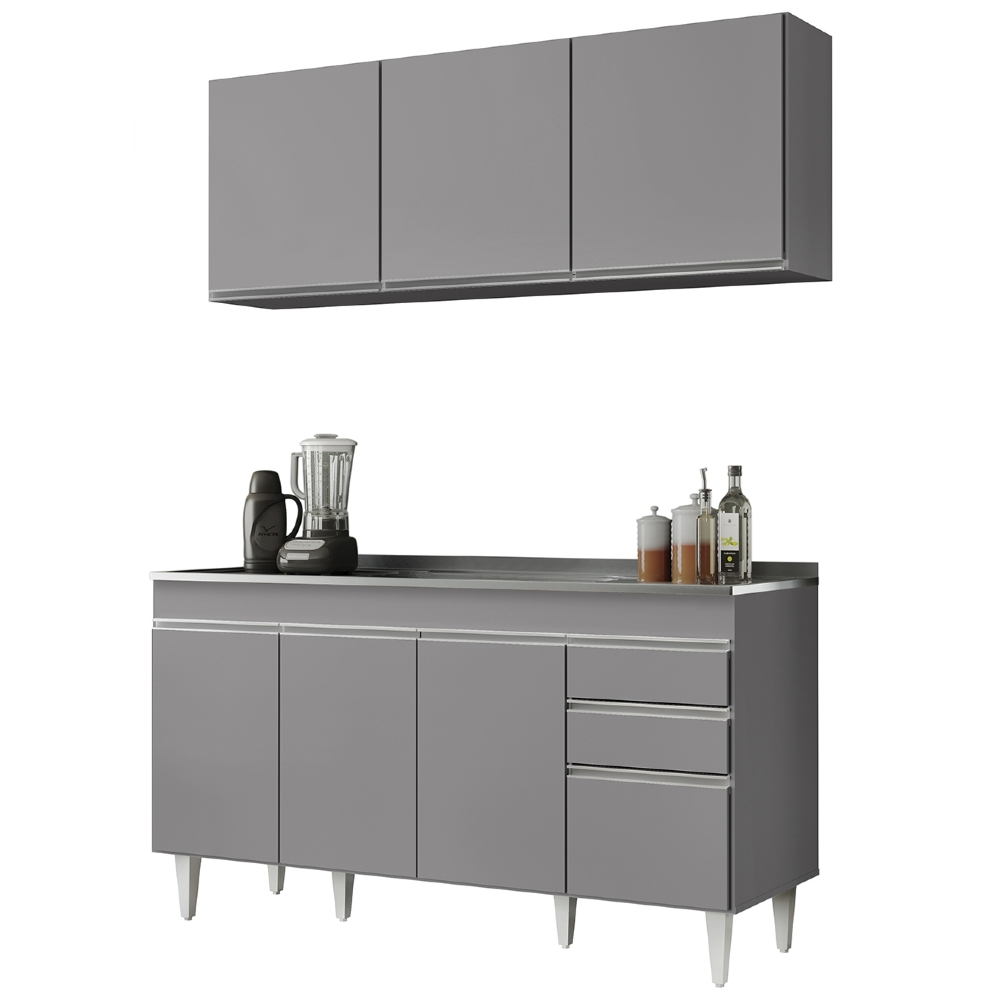 Armário Cozinha e Balcão Com Pia 150cm Marrocos Cinza      - Lumil