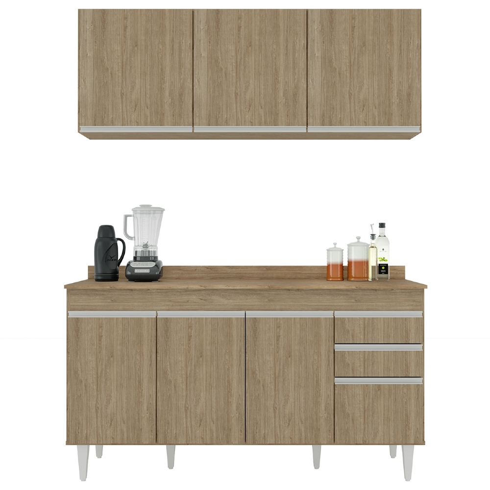 Armário Cozinha e Balcão Com Tampo 150cm Marrocos Castanho  - Lumil