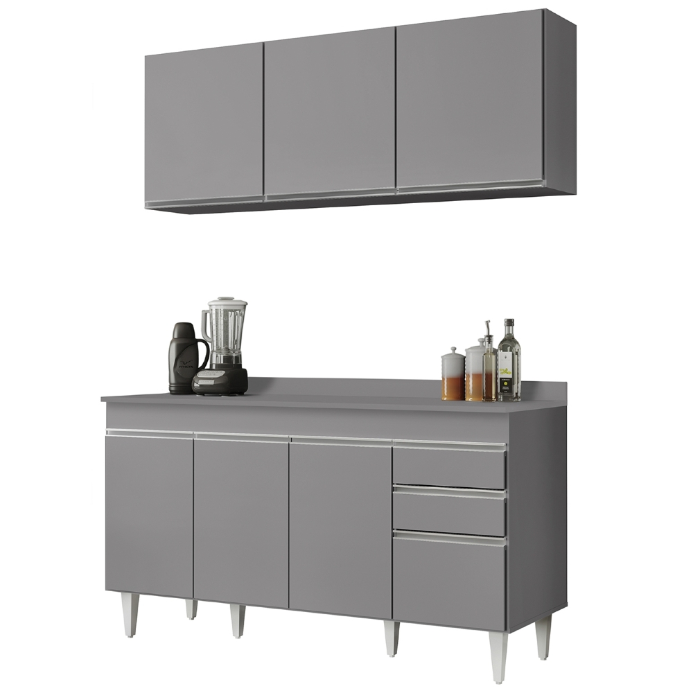 Armário Cozinha e Balcão Com Tampo 150cm Marrocos Cinza     - Lumil