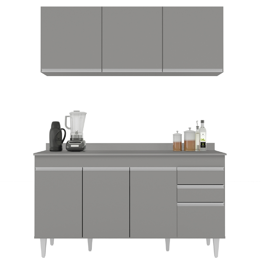 Armário Cozinha e Balcão Com Tampo 150cm Marrocos Cinza     - Lumil