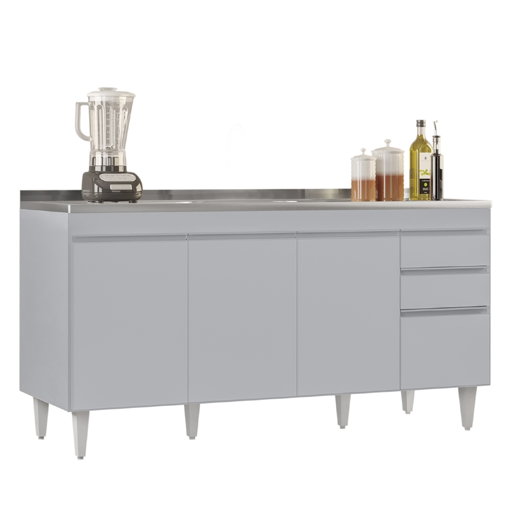 Balcão de Cozinha Com Pia Inox 160cm Arkansas Cinza Claro   - Lumil