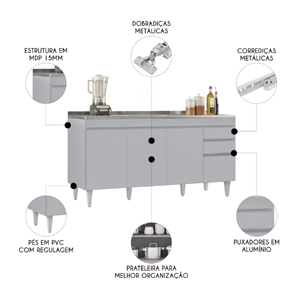 Balcão de Cozinha Com Pia Inox 160cm Arkansas Cinza Claro   - Lumil