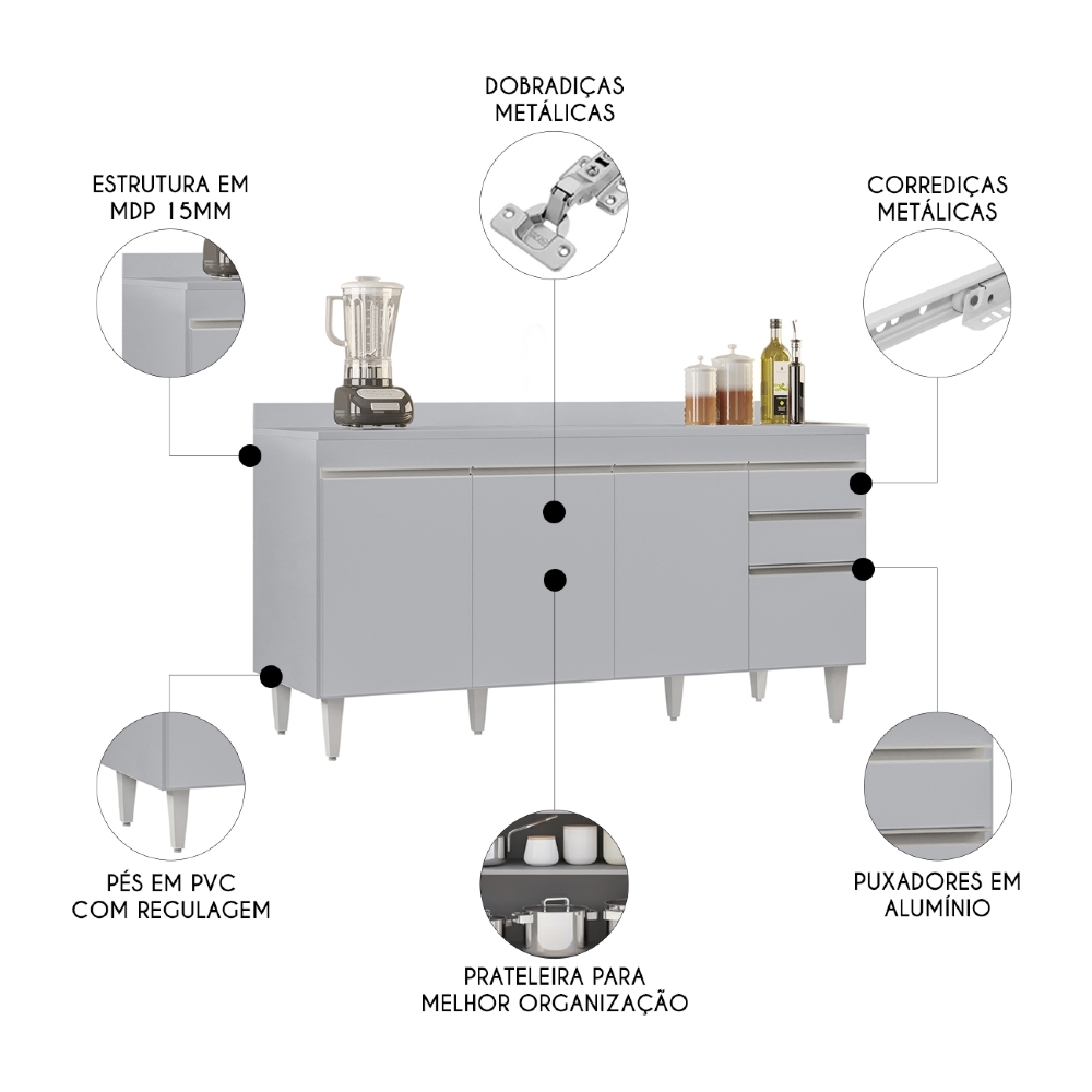 Balcão de Cozinha Para Pia Com Tampo 160cm Arkansas Cinza Claro - Lumil