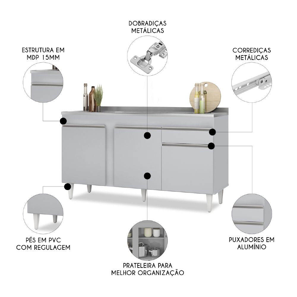 Balcão de Cozinha Com Pia Inox 150cm Dakota Cinza Claro     - Lumil