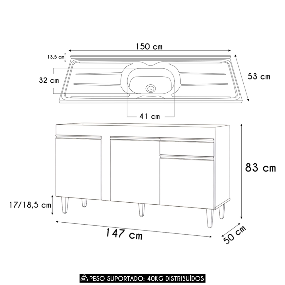 Balcão de Cozinha Com Pia Inox 150cm Dakota Cinza Claro     - Lumil