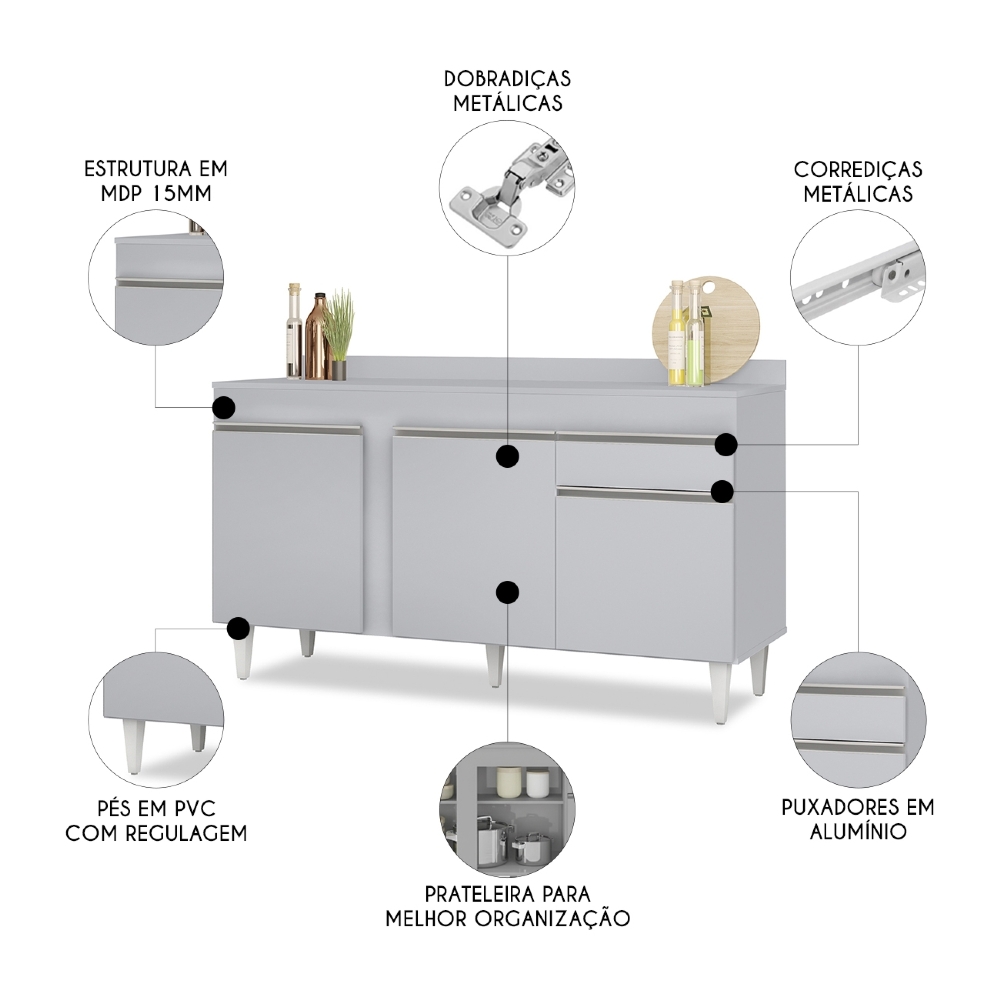 Balcão de Cozinha Para Pia Com Tampo 150cm Dakota Cinza Claro - Lumil