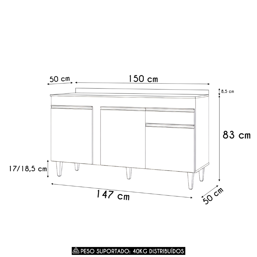 Balcão de Cozinha Para Pia Com Tampo 150cm Dakota Cinza Claro - Lumil
