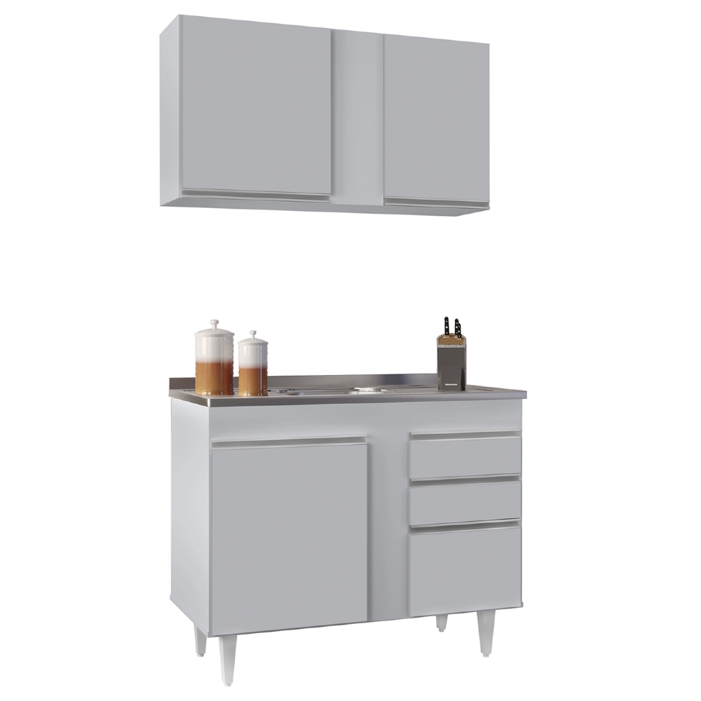 Armário Cozinha e Balcão Com Pia 100cm Luziania Cinza Claro - Lumil