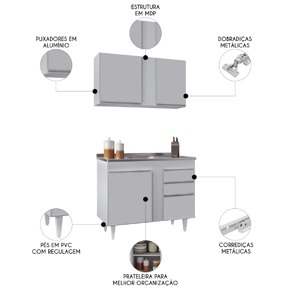 Armário Cozinha e Balcão Com Pia 100cm Luziania Cinza Claro - Lumil