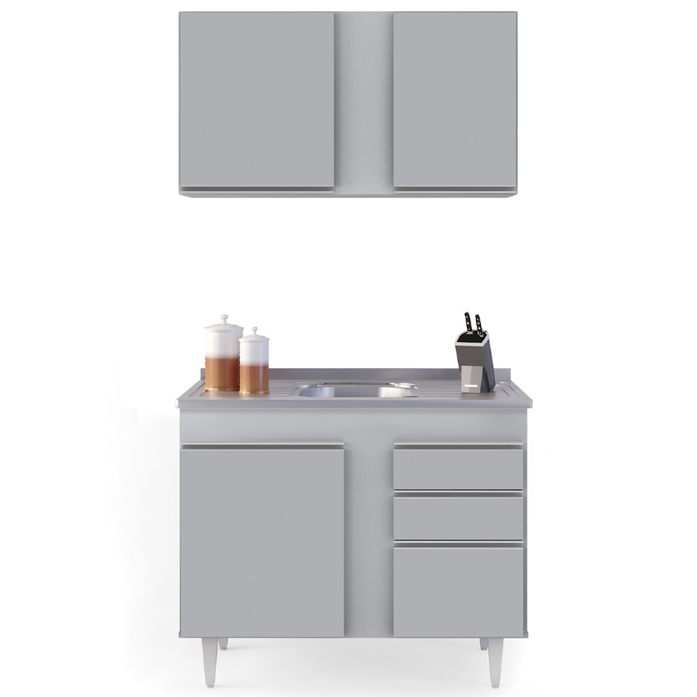 Armário Cozinha e Balcão Com Pia 100cm Luziania Cinza Claro - Lumil