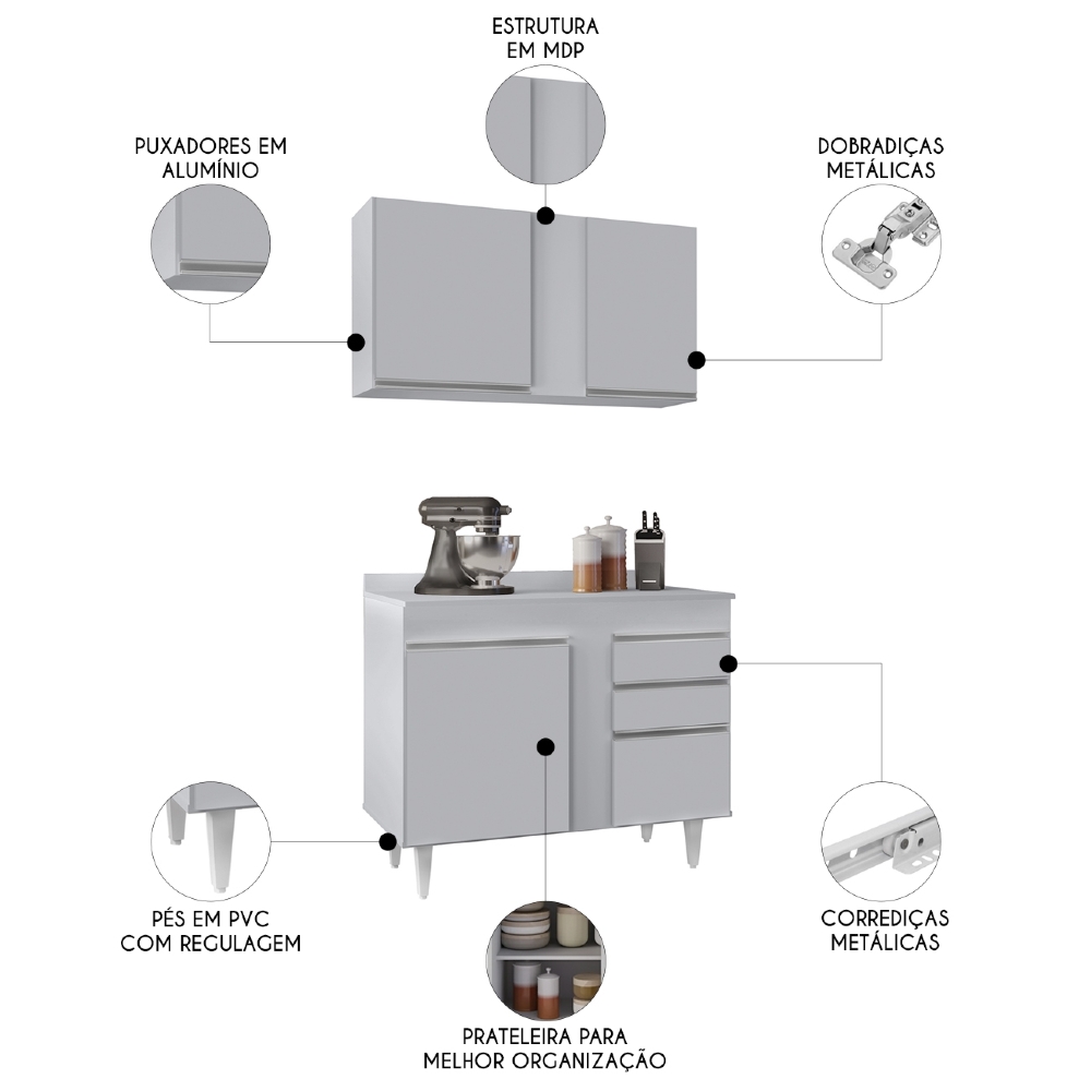Armário Cozinha e Balcão Com Tampo 100cm Luziania Cinza Claro - Lumil