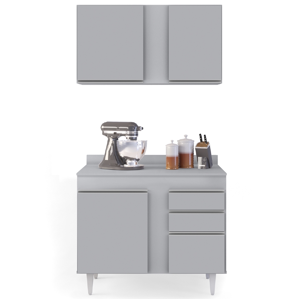 Armário Cozinha e Balcão Com Tampo 100cm Luziania Cinza Claro - Lumil
