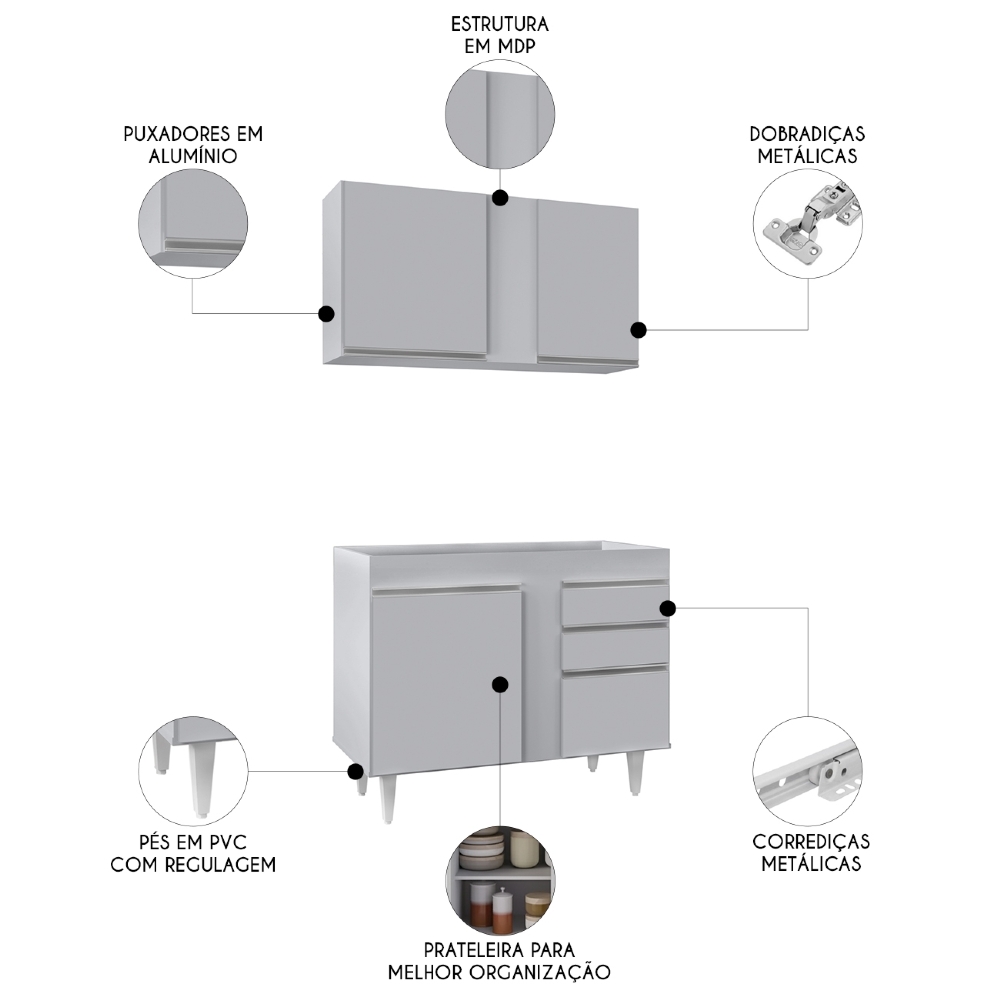 Armário Cozinha e Balcão Para Pia 100cm Luziania Cinza Claro - Lumil